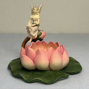 PartyLite White Fairy on Pink Lotus & Green Lily Pad Candle Holder / Home Accent